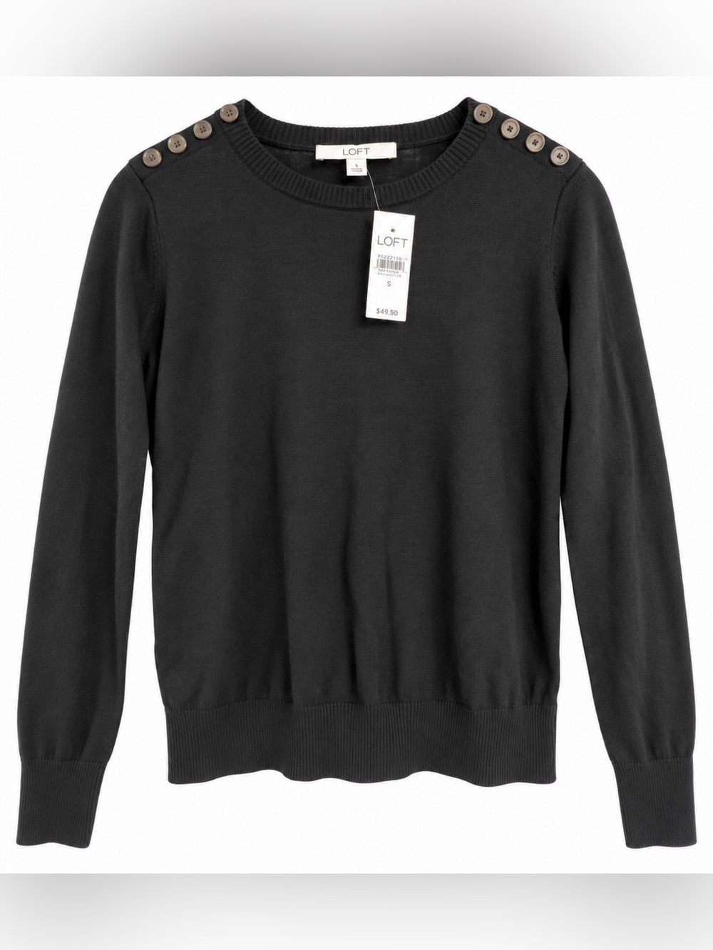 NWT LOFT S Black Button Shoulder Sweater Wool Blend Crew Neck Lightweight knit